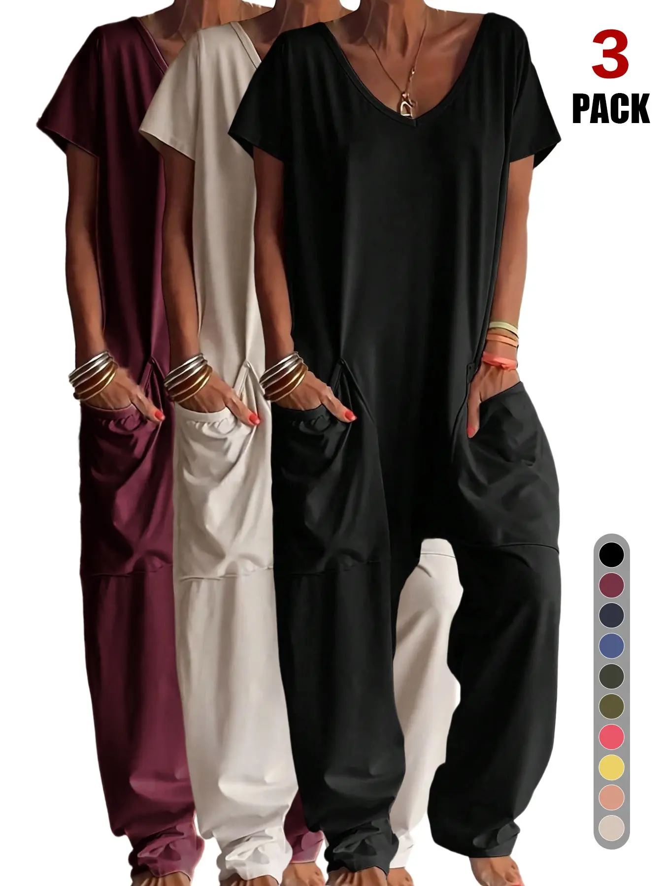 Women's Casual Short Sleeve Jumpsuits, V Neck Baggy Jumpsuits for Everyday Wear, Comfy Strechy Fabric, Harem Jumpsuits with Pockets Fit, Stretchy