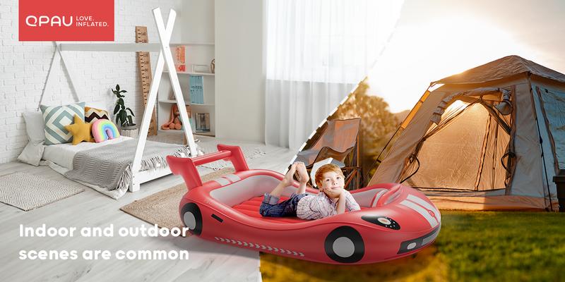 QPAU Inflatable Kids Travel Bed for Camping: Toddler Airbed with Sides, Hand Pump Included, Portable Racing Car Design, Safe Materials for Traveling Hotel Home Use