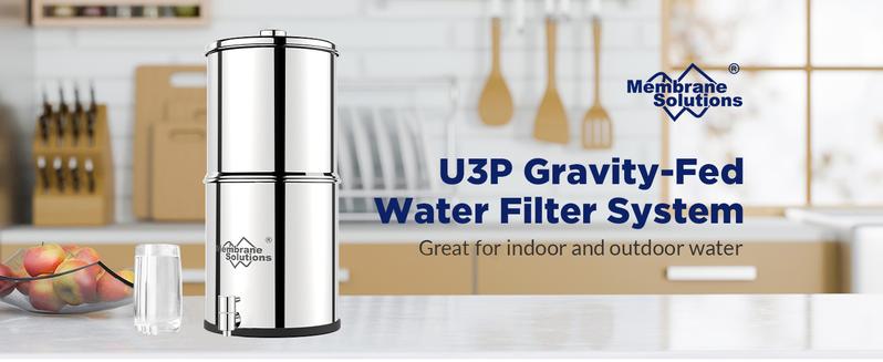 Membrane Solutions Stainless Steel 2.25G Gravity Water Filter Countertop Water Filtration System with 3 Pack 0.1-Micron UF Filters, for Home, Camping, and RVing