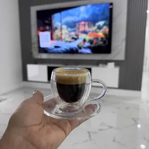2.5oz Double Walled Espresso Coffee Cups Set of 6 with Handle,Express Shots Glass Cup,Tazas de Cafe Expreso,Espresso Drinkware,Borosilicate, Aesthetic Handmade sohochic