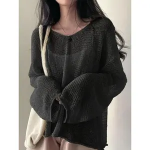Women's Solid Hollow Out Drop Shoulder Sweater, Boho Casual Long Sleeve Round Neck Jumper for Spring & Fall, Fashion Ladies' Knitwear for Daily Wear