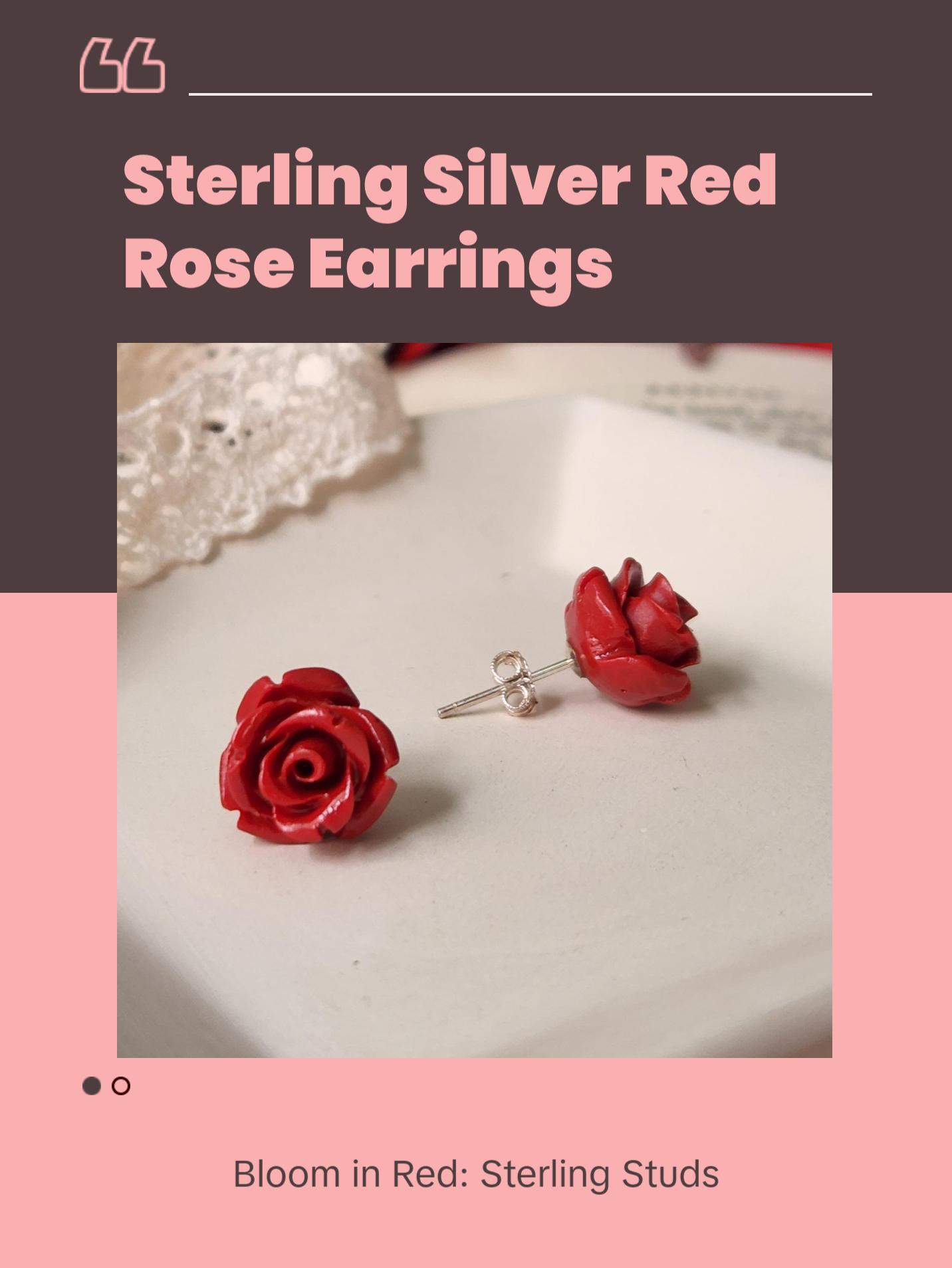 Red Rose Earrings Sterling Silver Cottagecore Studs Red Resin Flower Jewelry