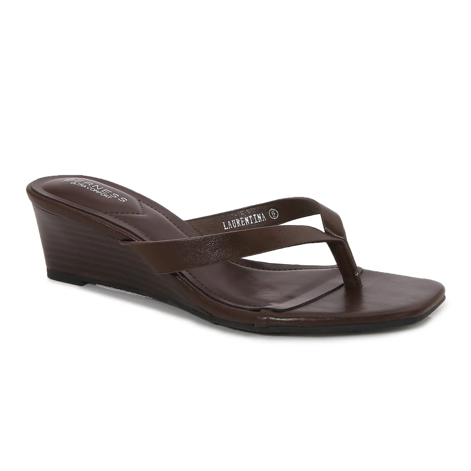 BERNESS Laurentina Women's Basic Plain Faux Leather Low Wedge Flip Flops - Square Toe Thong Slip-On, Dressy Casual Sandals for Beach, Summer Outfits