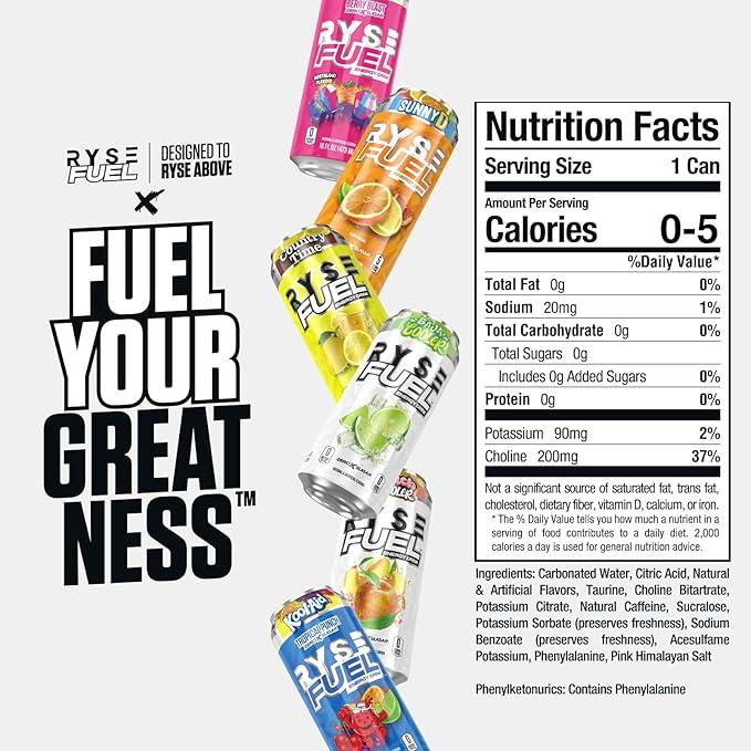 RYSE Fuel Energy Drink - Pack of 12 - 200mg Natural Caffeine, Taurine and Choline for Focus and Energy - Sugar-Free and Vegan - 16 fl oz