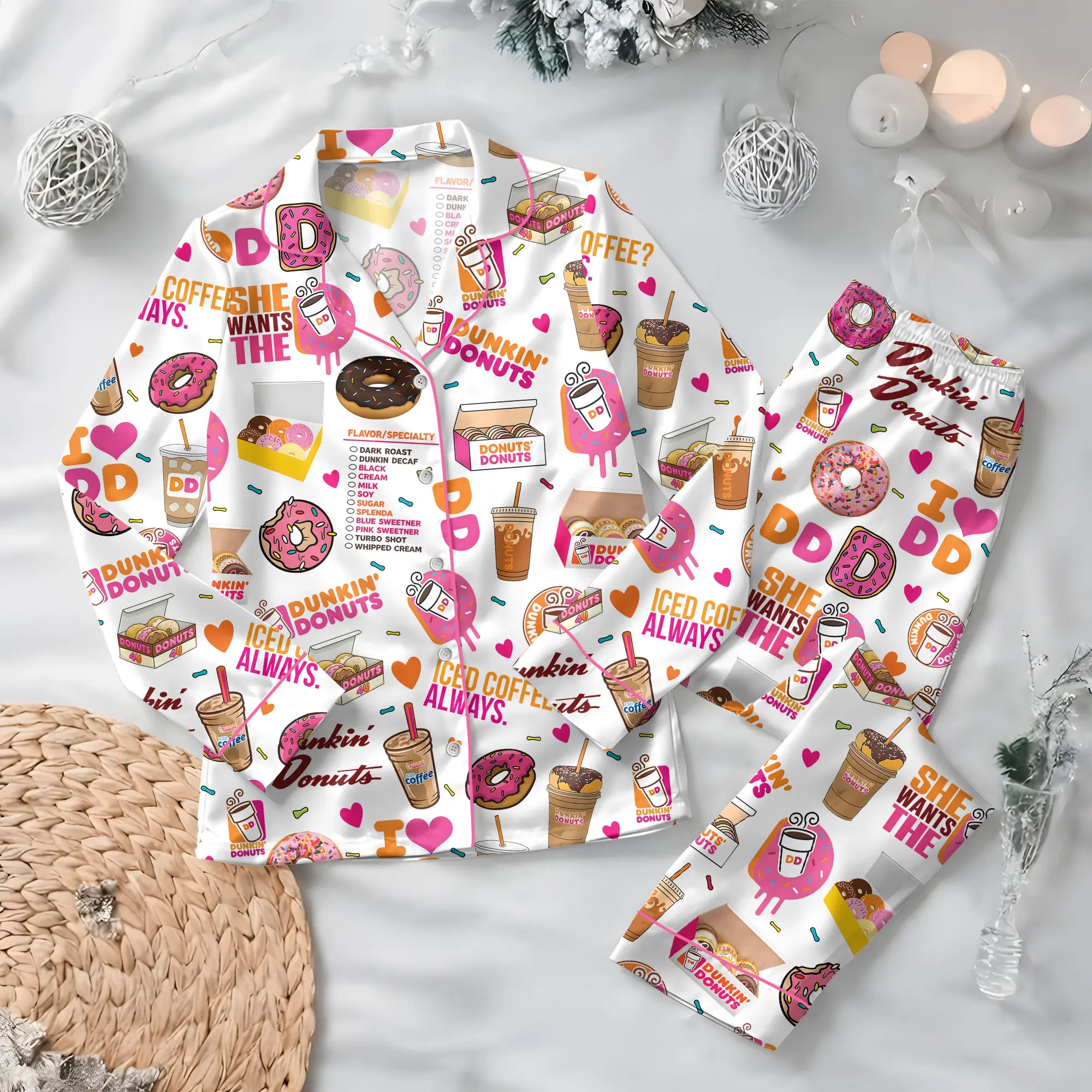 Dunkin Donuts Satin Pajamas, Pink Coffee & Donuts Sleepwear Set, Iced Coffee Lover Gift, Donut Party PJs, Cute Pastry Lounge Wear for Her