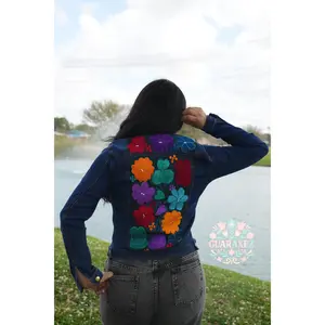 Chiapas Flores Bordadas Denim Jacket with Floral Embroidery in Navy and Colorful Floral Designs