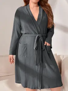 Plus Size Waffle Knit Kimono Robe with Belt & Side Pockets Curvy Friendly Relaxed Fit Elegant Design for Womenswear