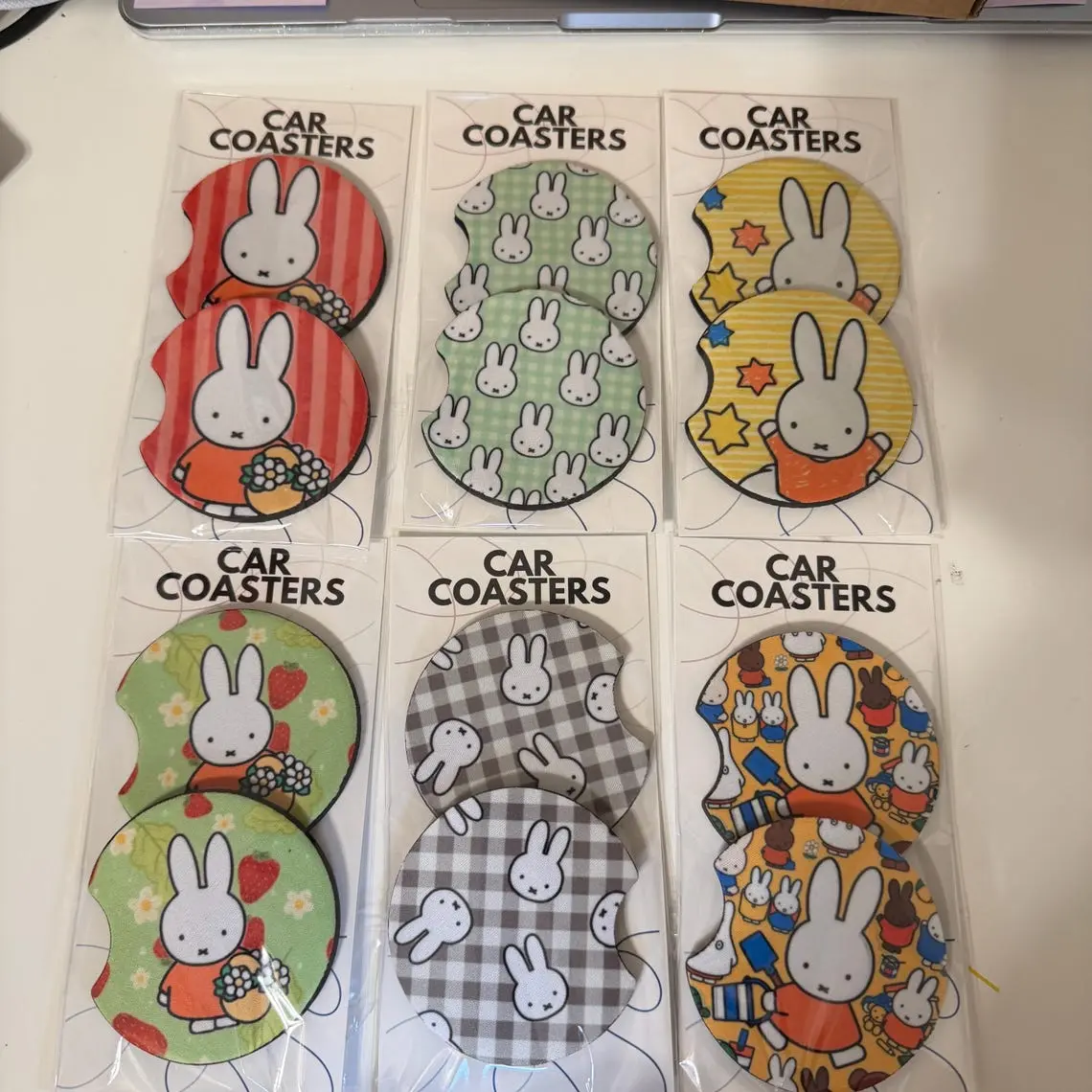 Cute Bunny Car Coasters Set, Cartoon Rabbit Cup Holder Inserts, Colorful Floral Gingham Strawberry Car Accessories, Cute Auto Interior Gift