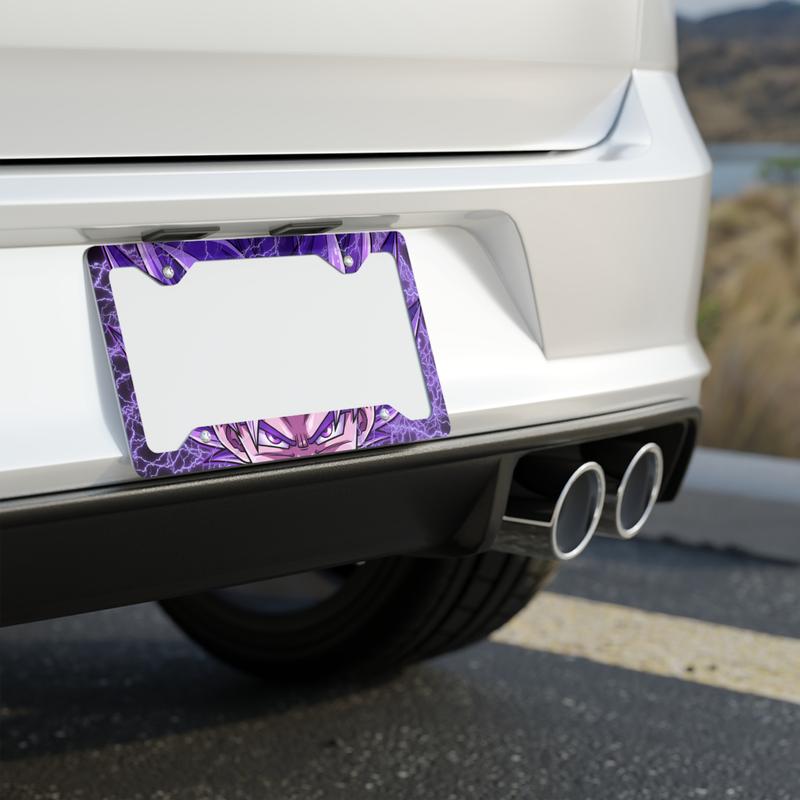 Purple Electric Anime Eyes Metal License Plate Frame Dragon Villain Face White Aluminum Full-Color Glossy Finish Pre-Drilled Holes Standard 12.3"x6.5"