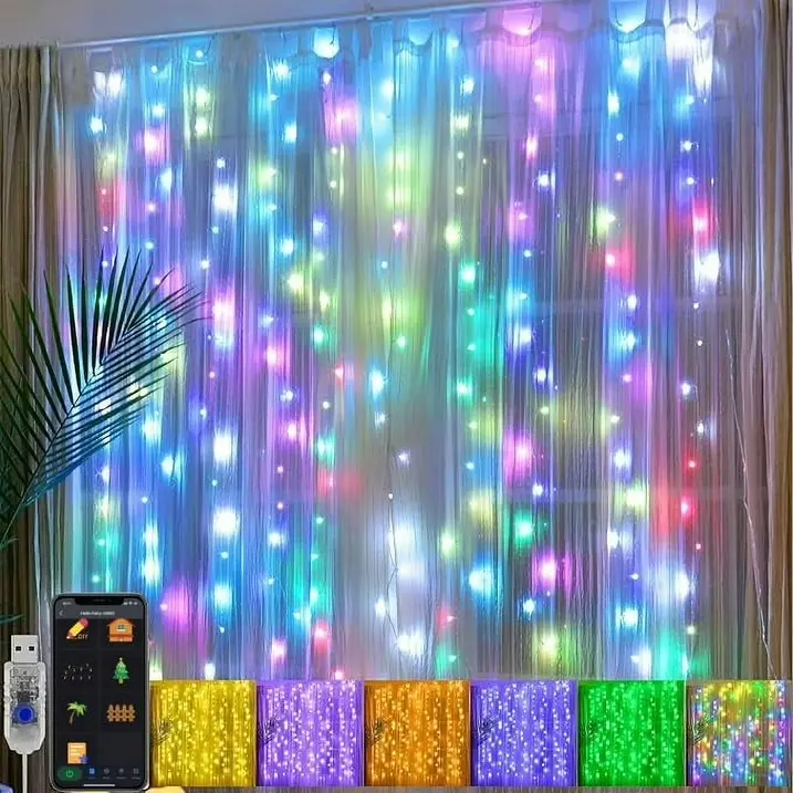 Smart Curtain String Lights Set - 96-LED 3x5 FT Multicolor LED Mood Light, App/Remote Control, Color Changing, Dynamic Music, Timer, Linkable DIY Wall Hanging Holiday Party Decor, Waterproof Home Festive Supply