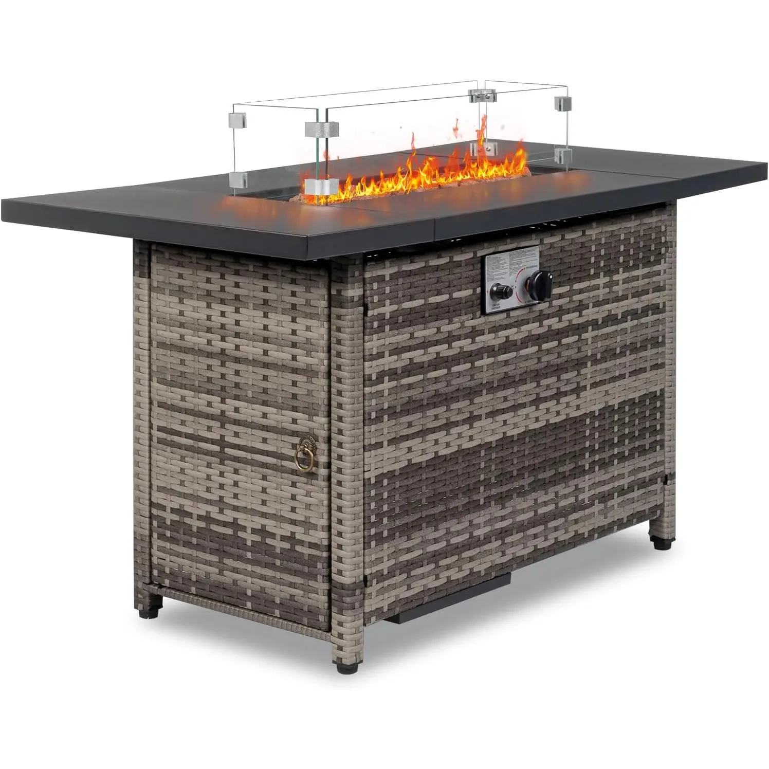 43-in Grey Propane Fire Pit - 50,000 BTU Outdoor Gas Flame Unit with Rattan Finish, 2x2 Spliced Metal Multi-Use Top, Lava Rock, Rain Cover, Windshield, Coffee/Bar Table for Garden Party, Outdoor Dining