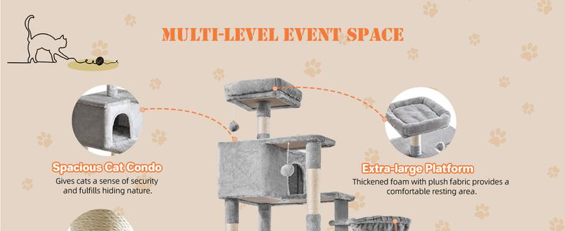 Cat Climbing Shelf, Hanging Basket & Hammock, Pompoms, Stable Kitty Play House, Multi-Level Plush Cat Condo for Indoor Cat,  Durable, Space-Saving Design