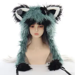 Handmade Faux Fur Hat Cute Animal Hood Therian Fursuit Headwear Y2K Winter Headwear for Halloween & Party Costume
