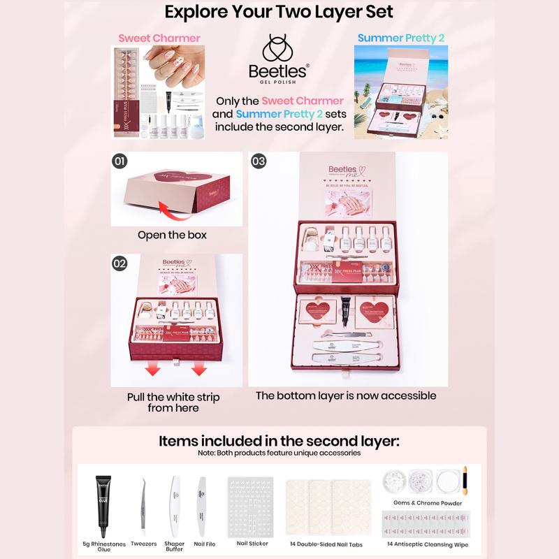 Beetles X Press Plus-Lite Kit French Tips Square Almond French Tip Press on Nails with Nail Glue Builder Top Coat Squoval Press on Nails DIY Manicure Gift for Women