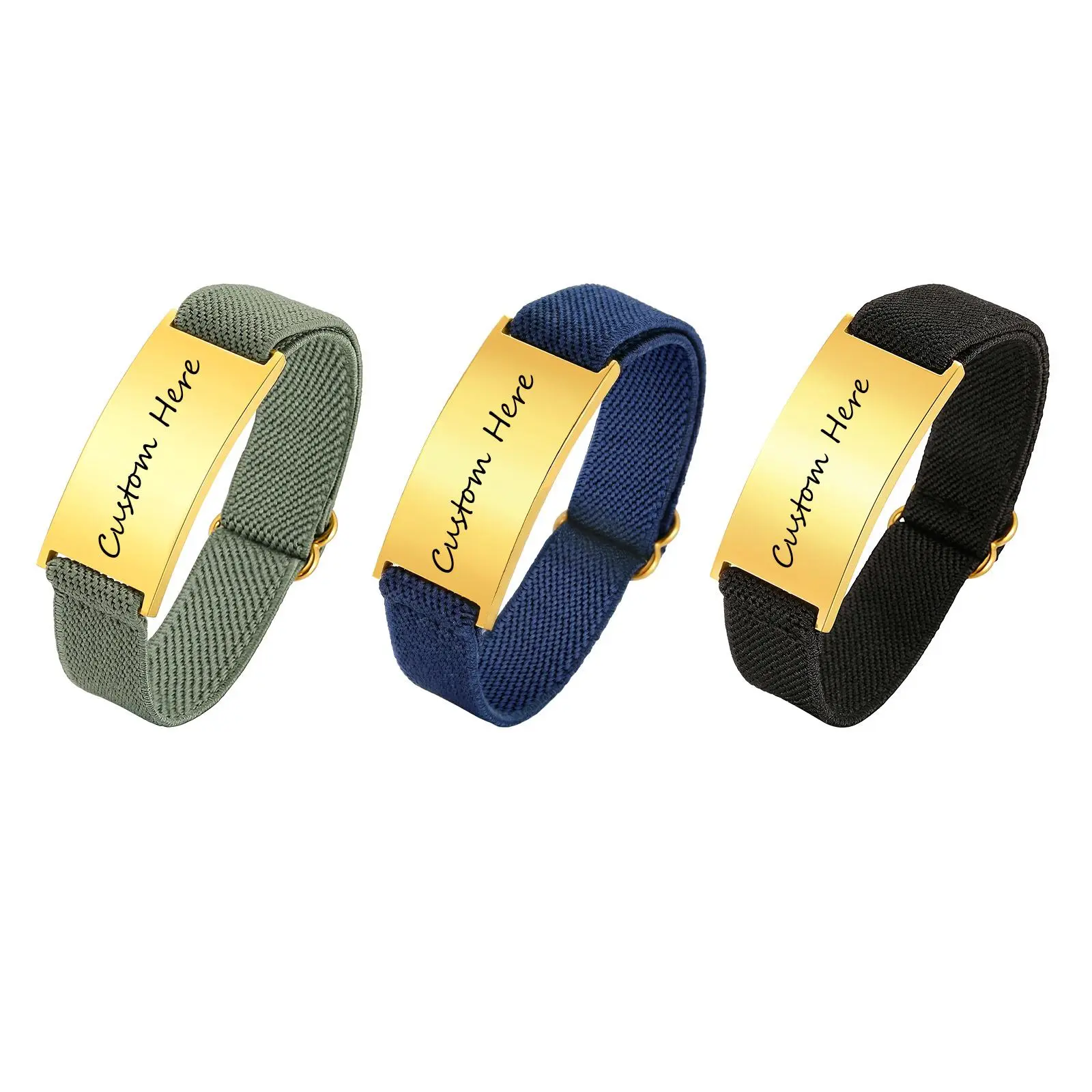 Vnox Free Custom Engraved Stainless Steel Elastic Bracelet for Men, Gold Plated Name Wristband, Adjustable Fabric Nylon Band New
