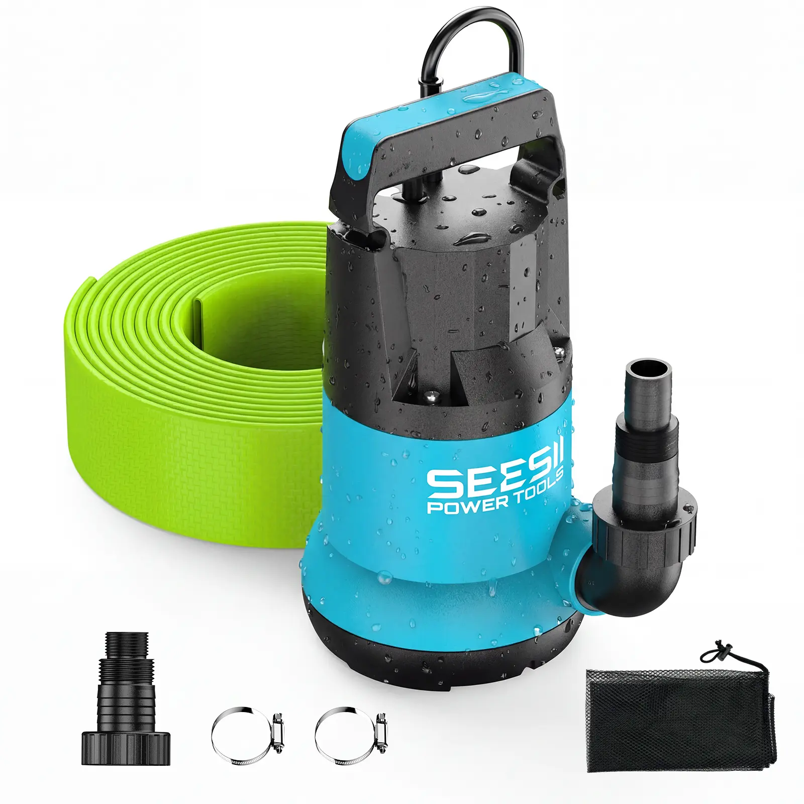 SEESII 1HP Submersible Water Pump, 4755GPH High Flow Sump Pump with 23ft Hose Kit, Anti-Clogging Filter Net for Swimming Pool Hot Tub Pond Basement Rooftop Garden Water Removal