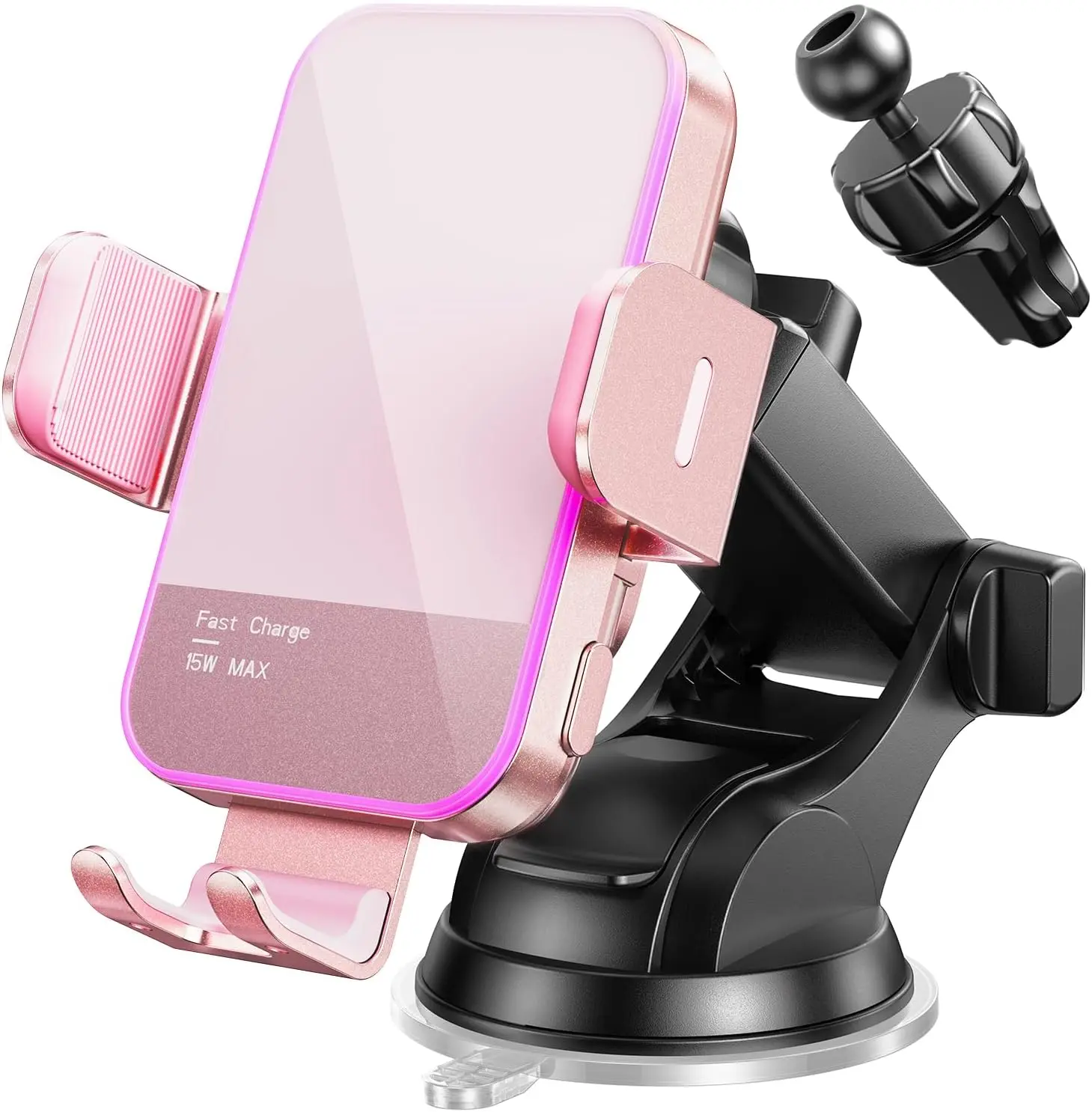 Women's Pink Wireless Car Charger Phone Holder - 15W Fast Charging, Auto Clamping, 7-Colored LED Display, Fit for iPhone 12 Pro 14 13 Pro Max 13 Mini 11 XR XS, Samsung Galaxy S23 Ultra S22 S21+ S10 4XL S20 Ultra, Gift, Fast Charger