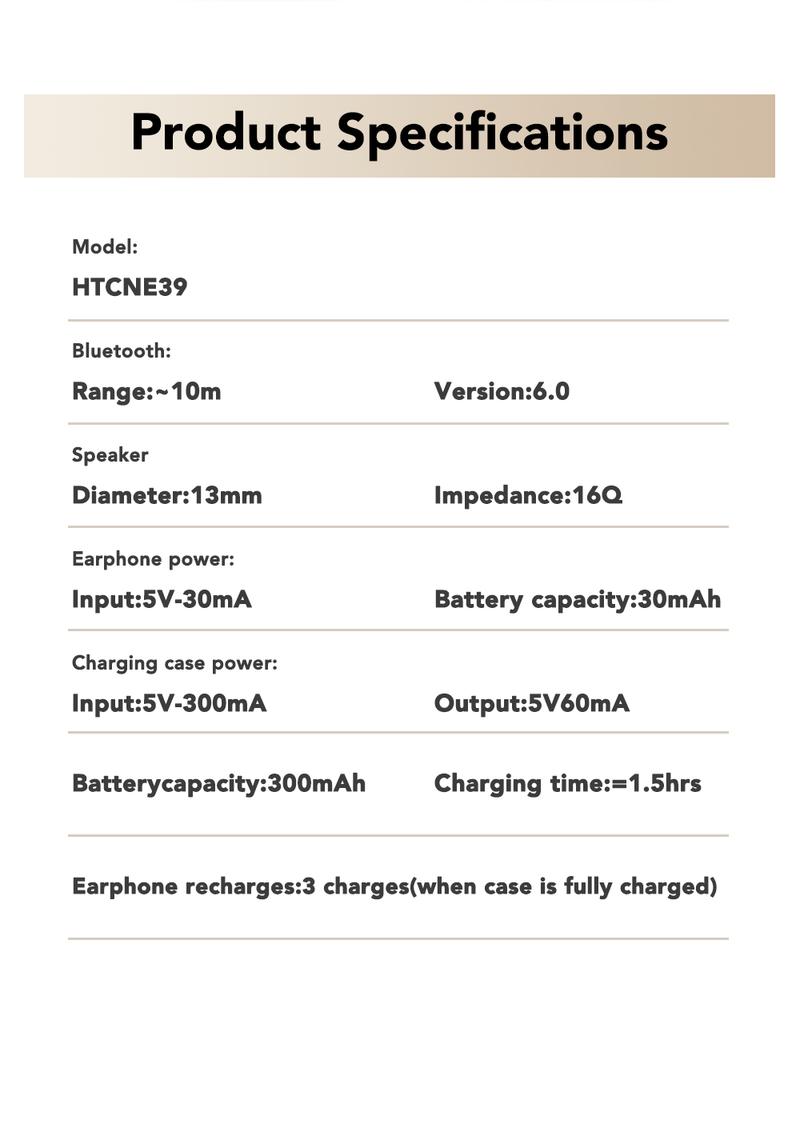 HTC NE39 OWS - Bluetooth headset (6.0), IPX5 waterproof, comes with a charging case, and a built-in microphone. Comfortable fit, excellent sound quality, and a three-month warranty! Perfect for work, exercise, study, and voice calls.