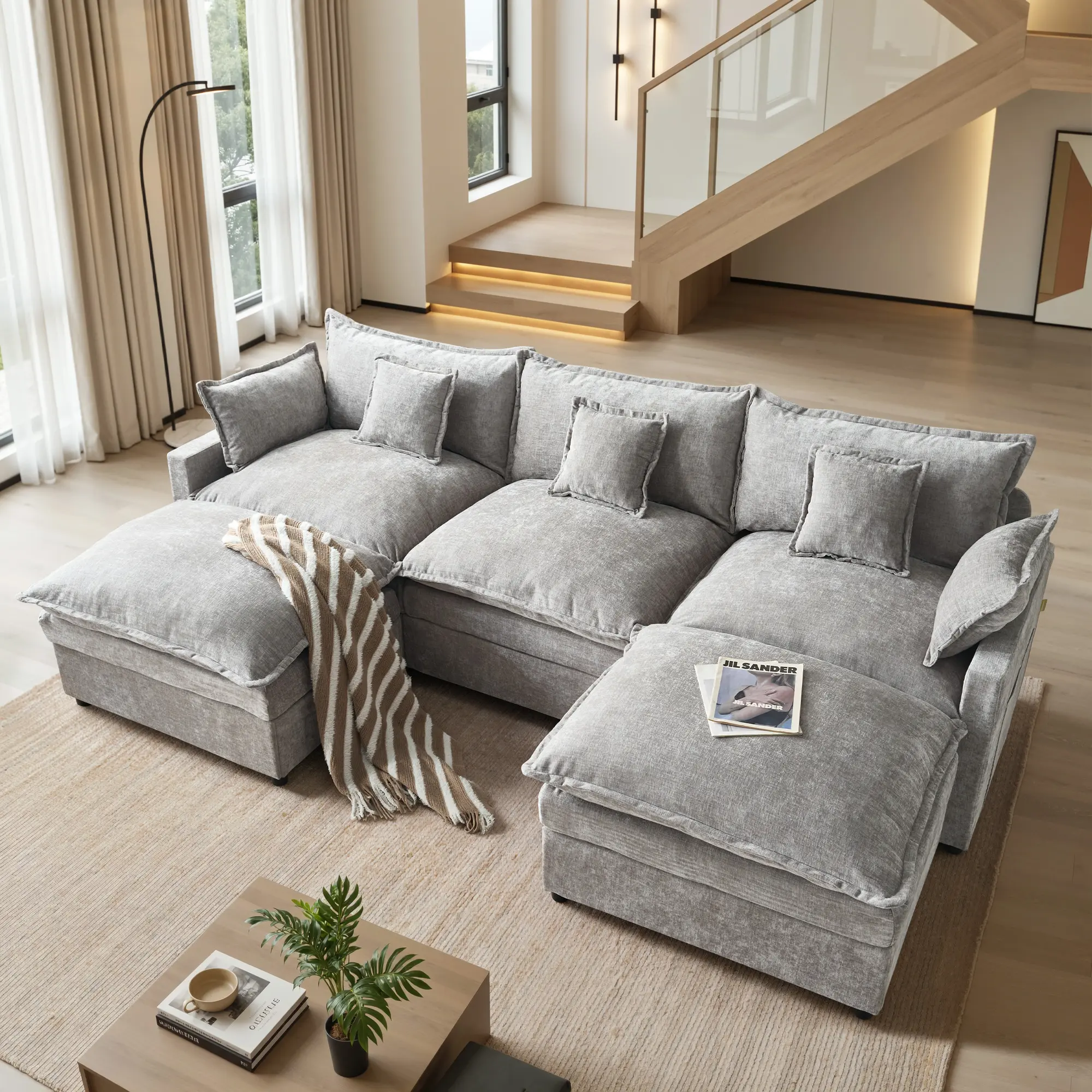 【2/3 Packages Shipping】Ovios 108" U-Shaped Modular Sectional Sofa - Comfy Cloud 3-Seater with 2 Movable Ottoman, Cloud Sofa Couch, Deep Seat Linen Couch for Living Room, Comfort & Stylish Design, Chenille Beige