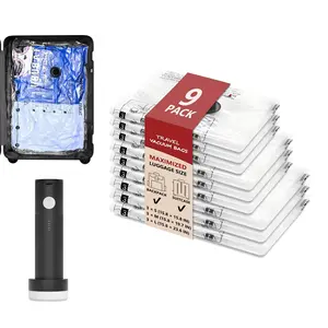 ISUNMEA Travel Vacuum Bags for Clothing with Rechargeable Electric Pump, Compression Packing Cubes Organizer Storage for Luggage Suitcase, Space Saver Seal Bags for Vacation Cruise, 9 Combo