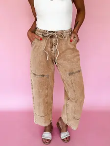 Acid Wash Barrel Fit Denim Pants with Waist String, Durable Denim Fabric Ensures Everyday Comfort and Long-Lasting Wear.