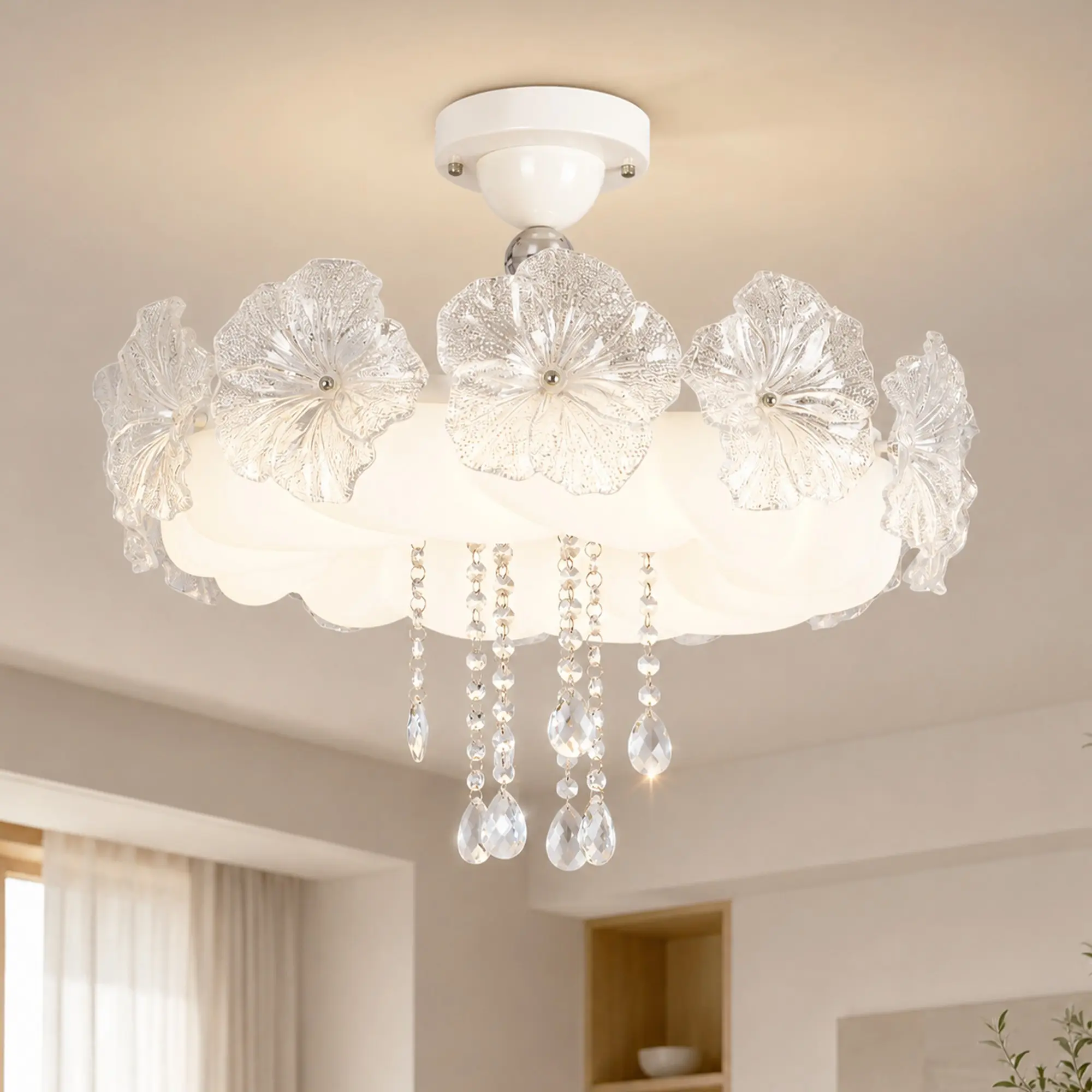 22-Inch French Cream Floral Flush Mount Ceiling Light, White Wrought Iron Flower Shade with Crystal Droplets, 3-Color Dimmable LED Lamp with Remote for Bedroom, Living Room