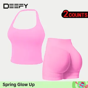 DEEFY Women's Two-Piece Suit Impact Halter Top & Workout Shorts Fitness Yoga Sports Women Activewear Gym Outdoor Tank Tops Hidden Scrunch Butt Lifting Gymwear Shorts Womenswear