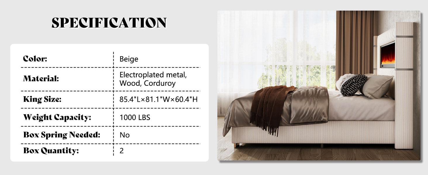 【Ships in 2 Boxes】AMERLIFE Modern Bed Frame with Fireplace, Wingback Platform Bed with 60.4“ Extra Tall Headboard, Corduroy Upholstered Bed Wooden Slats/No Box Spring Needed