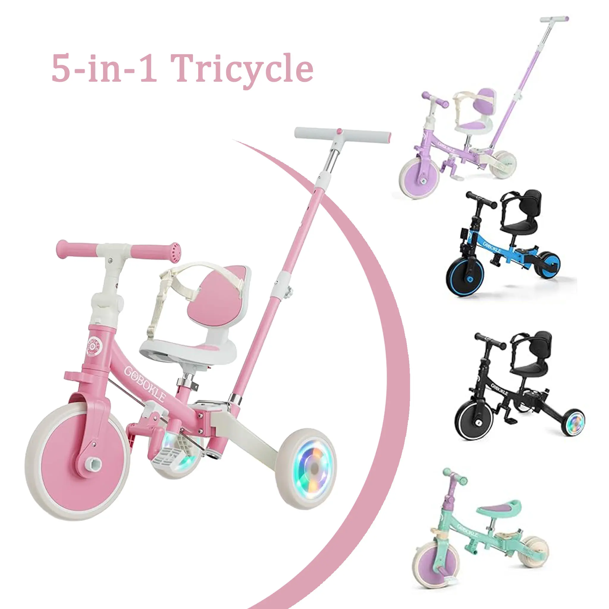 Bobike 5-in-1 Tricycle for Toddlers 1-3, Convertible Toddler Trike, Balance Bike and Pedal Bike with Adjustable Parent Push Handle, Backrest, 3-Point Harness and Light-Up Wheels, Baby Tricycle Stroller, Kids Trike for Boys and Girls
