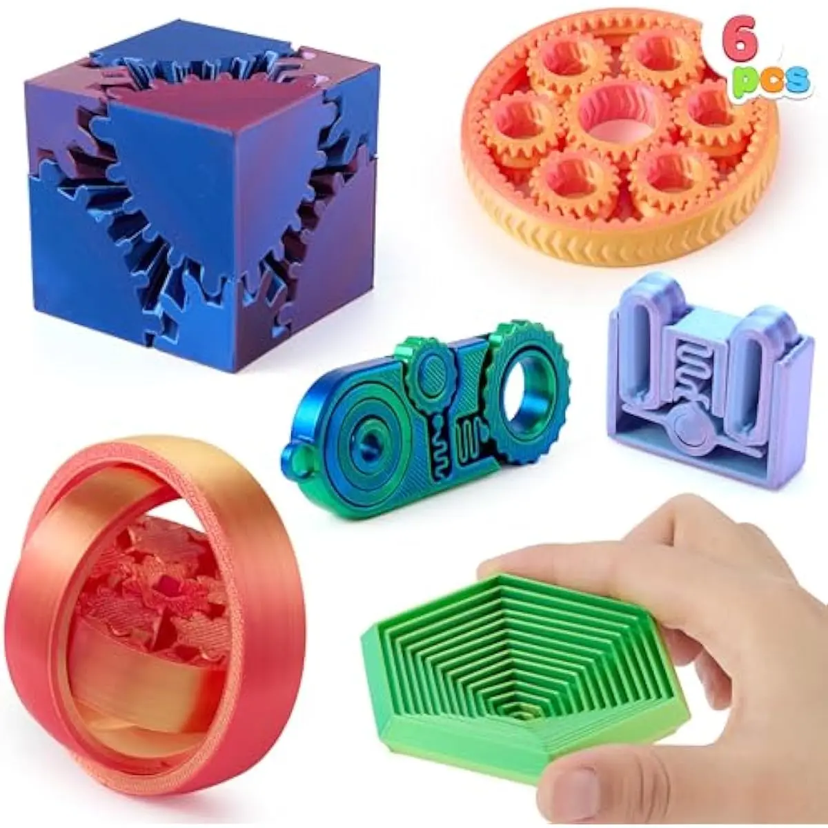 6PCS 3D Printed Fidget Toys, Spin Fractal Click Gear Fidget Toy, Metallic Color 3D Printed Fidget Toy for Favors ADHD, Autism, Kids&Adults, Party Favors, Desktop Deco Gift
