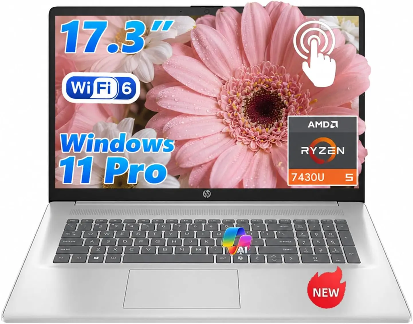 HP 17.3" HD+ Touchscreen Laptop - AMD Ryzen 5 7430U, 16GB RAM, 1TB SSD, W11 Pro, Built-in Wi-Fi 6, Bluetooth 5.4, Fast Charge, AI Copilot - for Business & Students