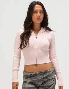 RSQ Womens Cable Knit Zip-Up Hooded Sweater