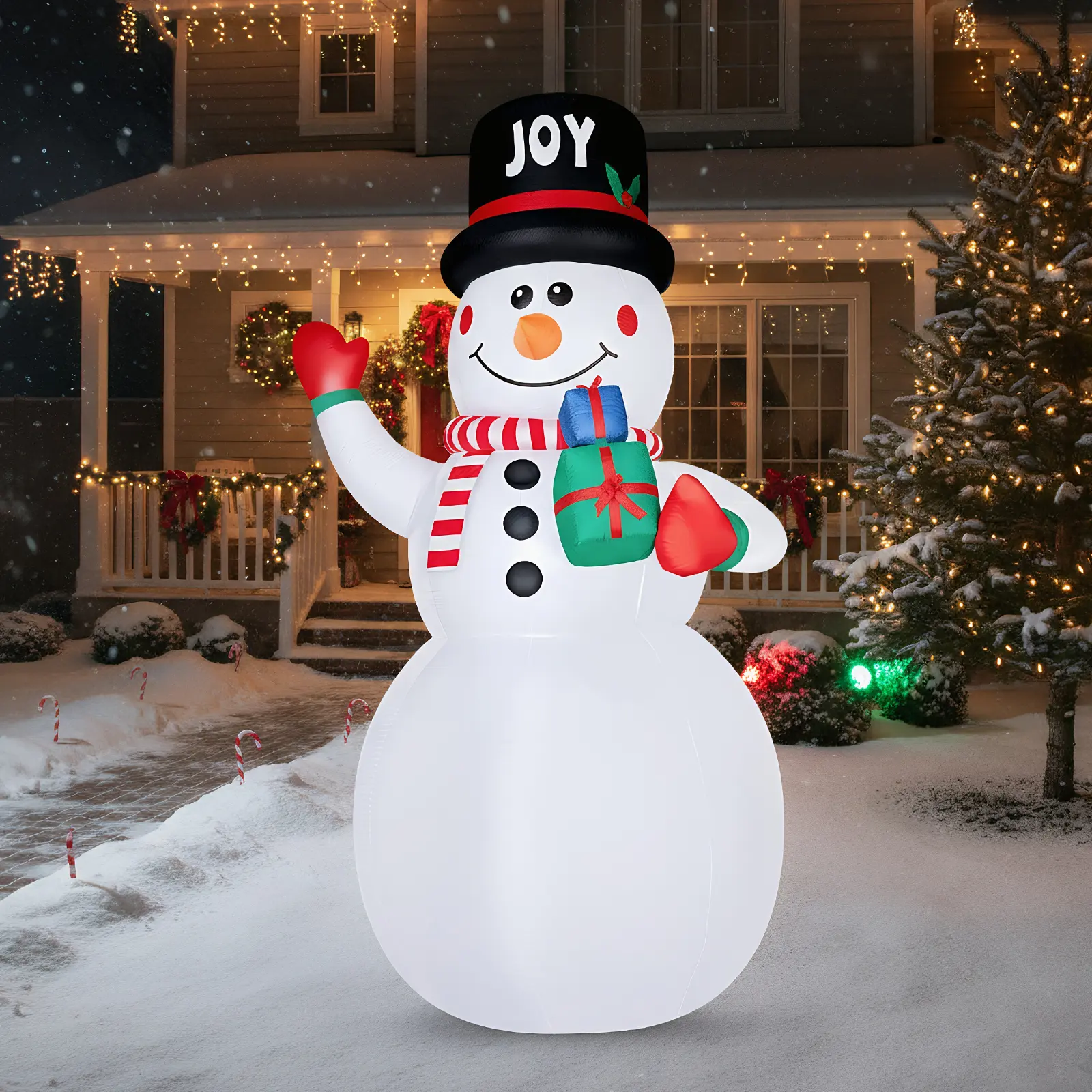 VINGLI Lighted Large Christmas Inflatable Decoration, Giant Snowman Holding Gift Boxes, Blow Up Yard Decor with Built-in LED Lights for Holiday Party Front Yard Lawn, Home Ornaments