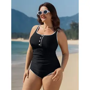 【Summer Turn-Up】【Tummy control】BlOOMCHIC Plus Size Button Detail Color Contrast One-Piece Swimsuit [M-6X] 2026 Summer Pick for Mother's Day