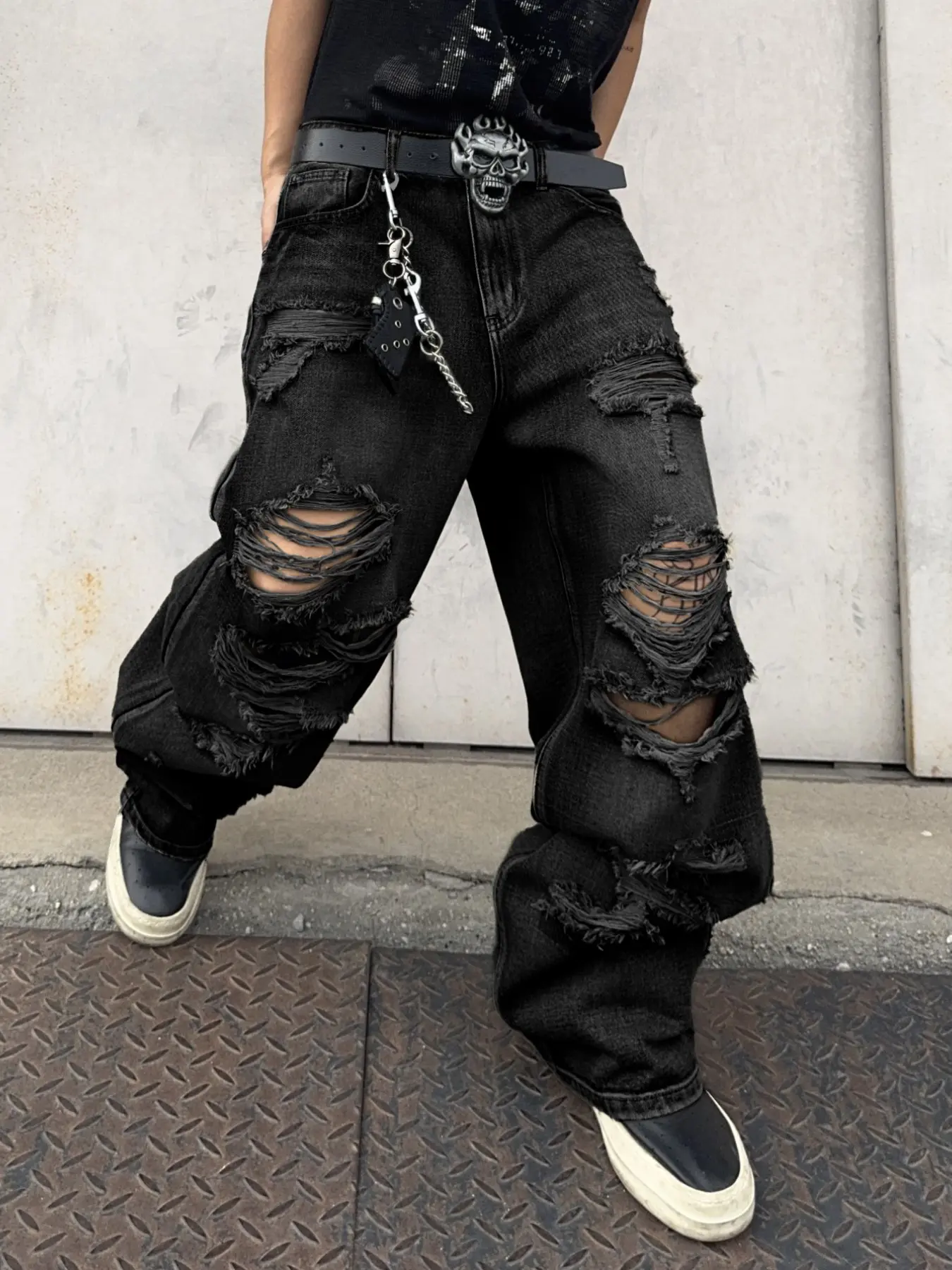 Men's Ripped Wide Leg Loose Jeans, American Streetwear Y2K Style, Casual Daily Wear, Multiple Sizes Available, No Belt Included