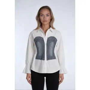 Forever 21 Women's Poplin Faux Denim Corset Blouse - Basic Raglan Long Sleeve Top with Contrast Sleeves