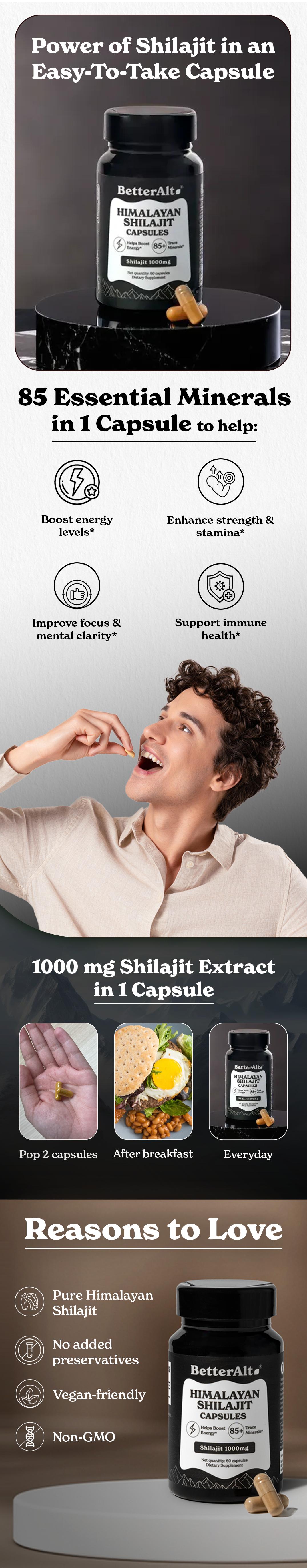 BetterAlt 1000mg Shilajit Capsules | Pure Himalayan Superfood | Lab-Tested for Purity | Dietary Supplement for Energy, Stamina & Fitness | 60N BetterAlt 1000mg Shilajit Capsules | Pure Himalayan Superfood | Lab-Tested for Purity | Dietary Supplement for Energy, Stamina & Fitness | 60N