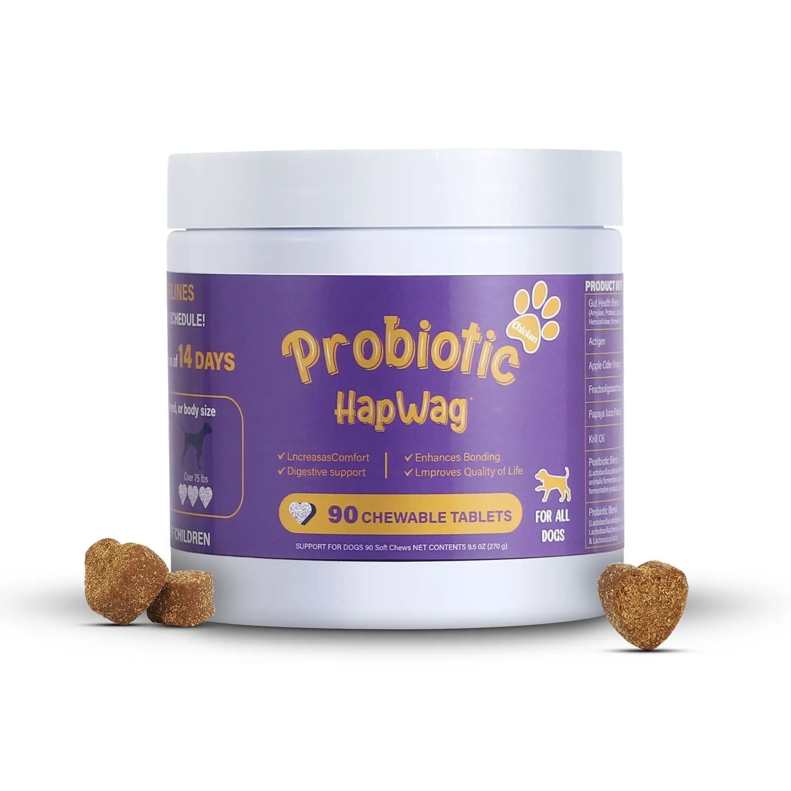HAPWAG Chicken Flavor Chewable Dog Probiotics - 90 Count Canine Nutritional Supplement, Gut Health Support, Digestion Aid, Immunity Boost, Premium Ingredients (Single Item with Probiotics, Chewables)