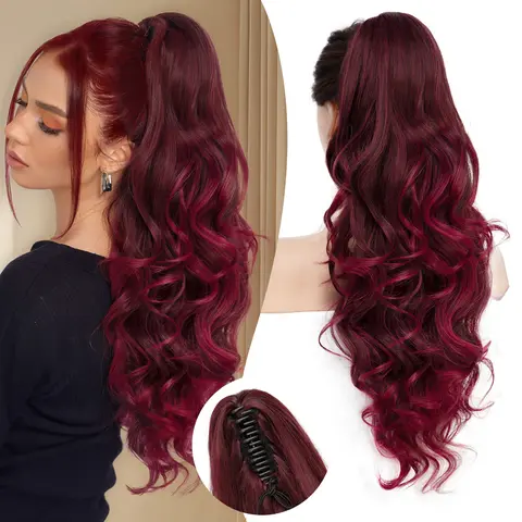 N NAYASA Women's 24in Wine Red Claw Clip Ponytail Extension - Deep Wavy Curly Synthetic Hair Pieces, Natural Wavy Curly Style, Volume-Boost Hairpieces for Ponytail Hairstyles (For Friends, Wife, Daughter; Daily, Work, Parties)