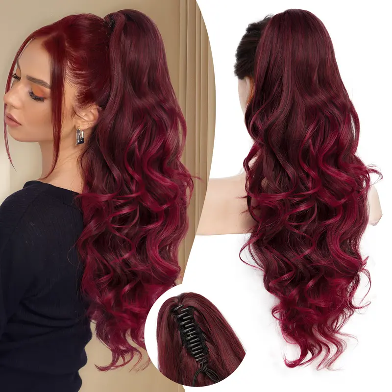 N NAYASA Women's 24in Wine Red Claw Clip Ponytail Extension - Deep Wavy Curly Synthetic Hair Pieces, Natural Wavy Curly Style, Volume-Boost Hairpieces for Ponytail Hairstyles (For Friends, Wife, Daughter; Daily, Work, Parties)