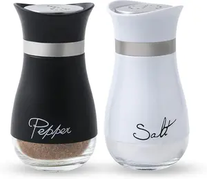 Set of 2 Salt and Pepper Shakers Set - Salt Containers for Gifts, Kitchen Decor, BBQ Farmhouse Spice Dispenser with Glass Bottom, Black and White