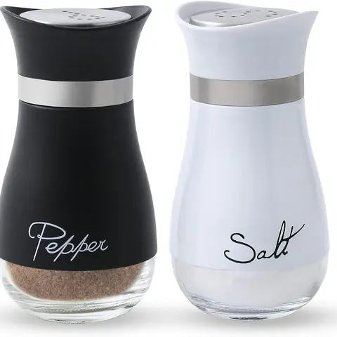 Set of 2 Salt and Pepper Shakers Set - Salt Containers for Gifts, Kitchen Decor, BBQ Farmhouse Spice Dispenser with Glass Bottom, Black and White
