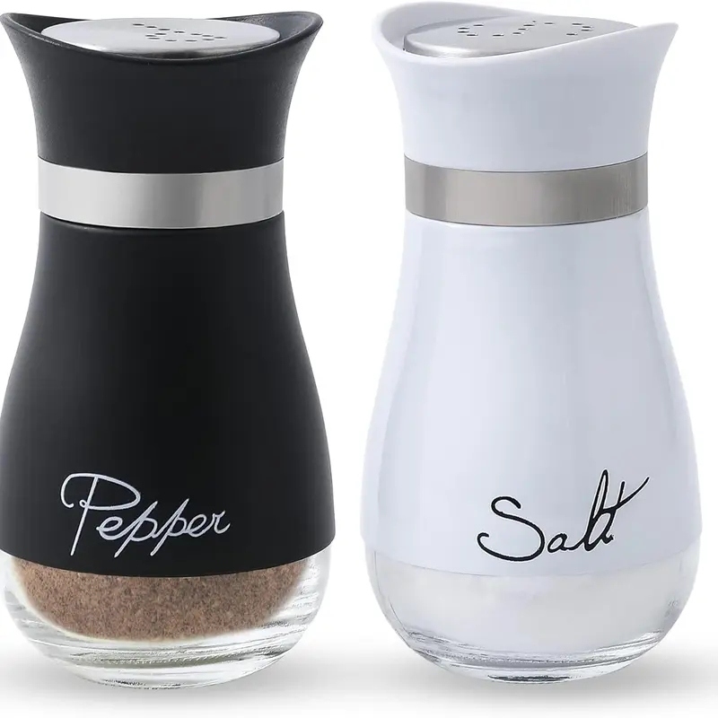 Set of 2 Salt and Pepper Shakers Set - Salt Containers for Gifts, Kitchen Decor, BBQ Farmhouse Spice Dispenser with Glass Bottom, Black and White