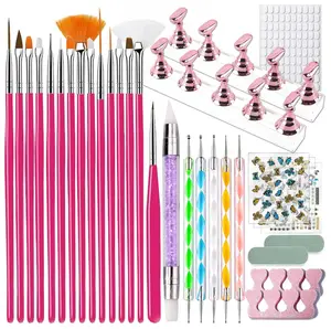 Nail Art Tools Set, 15 Nail Art Brushes 6 Nail Dotting Tool 3 Nail Stickers 2nail buffer 2 toe separator with Nail Stand Holder for Nail Tech & Beginners Nail Art Supplies Kit (Pink)