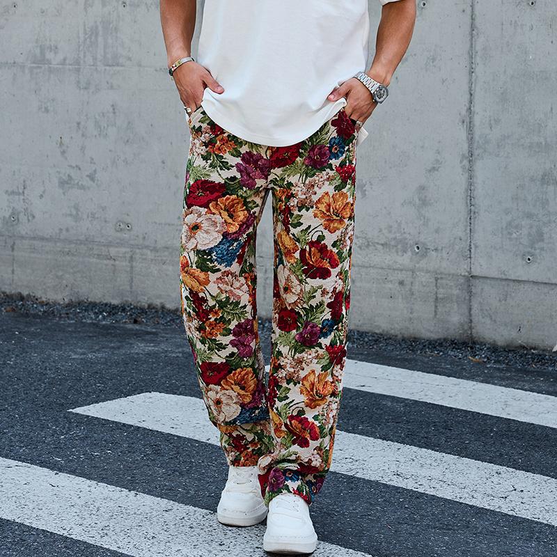 Men's straight-leg pants featuring a retro floral pattern, stylish aesthetic, elastic waistband with adjustable drawstring, loose straight-leg design for comfort and freedom of movement, suitable for everyday casual wear, comfortable active freedom