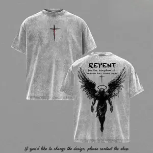 Repent Vintage Washed Oversized Christian T-Shirt, Angel Wings Faith Graphic Tee, “Kingdom of Heaven Has Come Near” Gospel Streetwear Top, Heavy Cotton Unisex Retro Worship Shirt
