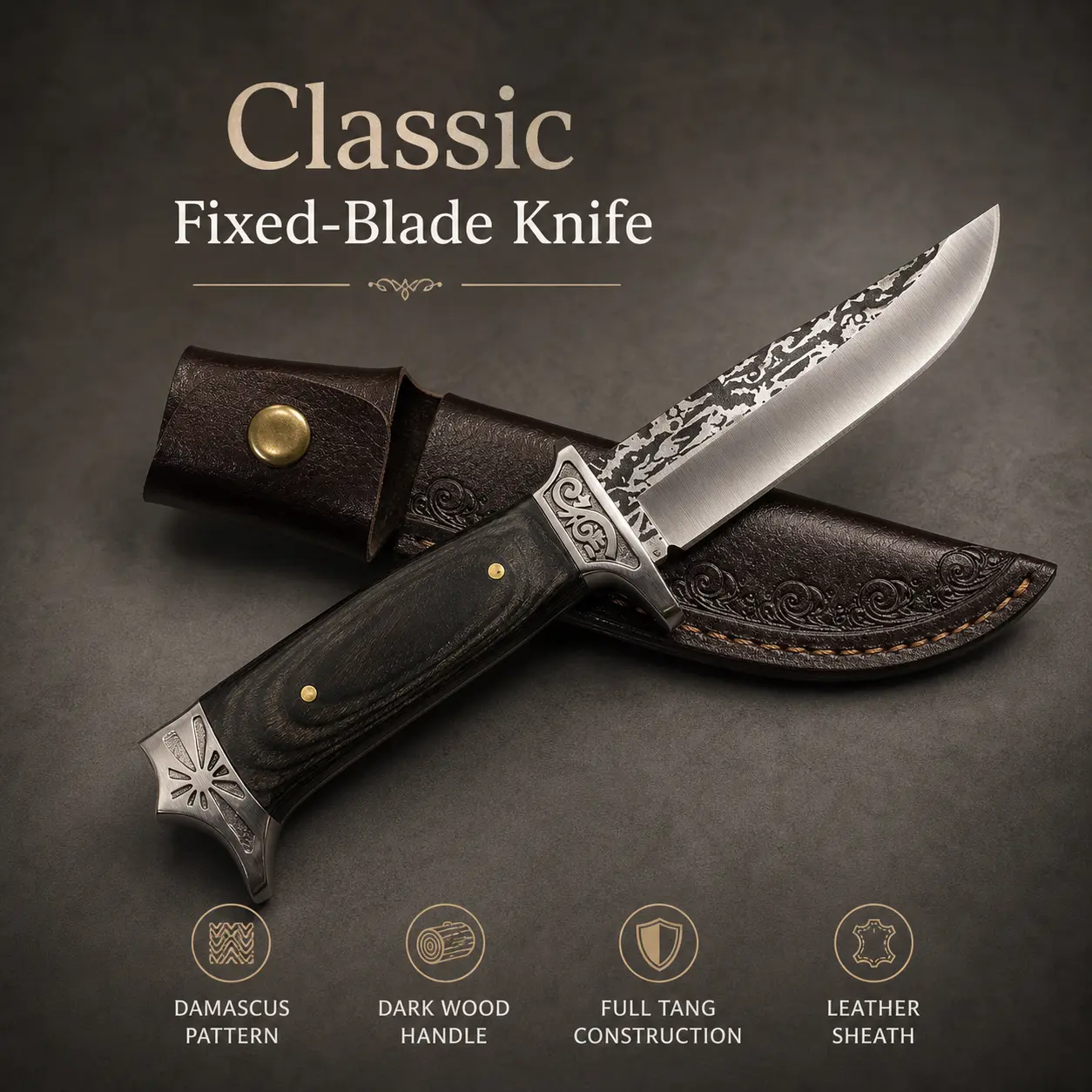 Fixed Blade Hunting Knife Vintage Damascus Pattern Blade Wooden Handle Decorative Metal Guard Outdoor Camping Utility Knife With Embossed Leather Sheath Collection Gift Knife