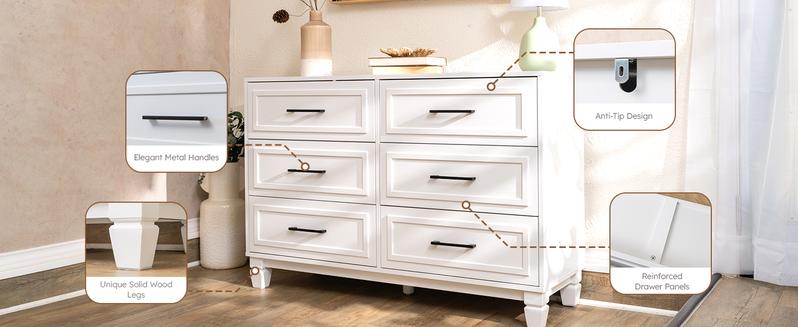 BERRY NEST Farmhouse Dresser for Bedroom, 47.2'' Wide Wood White Dresser with 6 Drawer, Modern Minimalist Chest of Drawers with Metal Handle, Closet Store Organizer for Living Room, Hallway