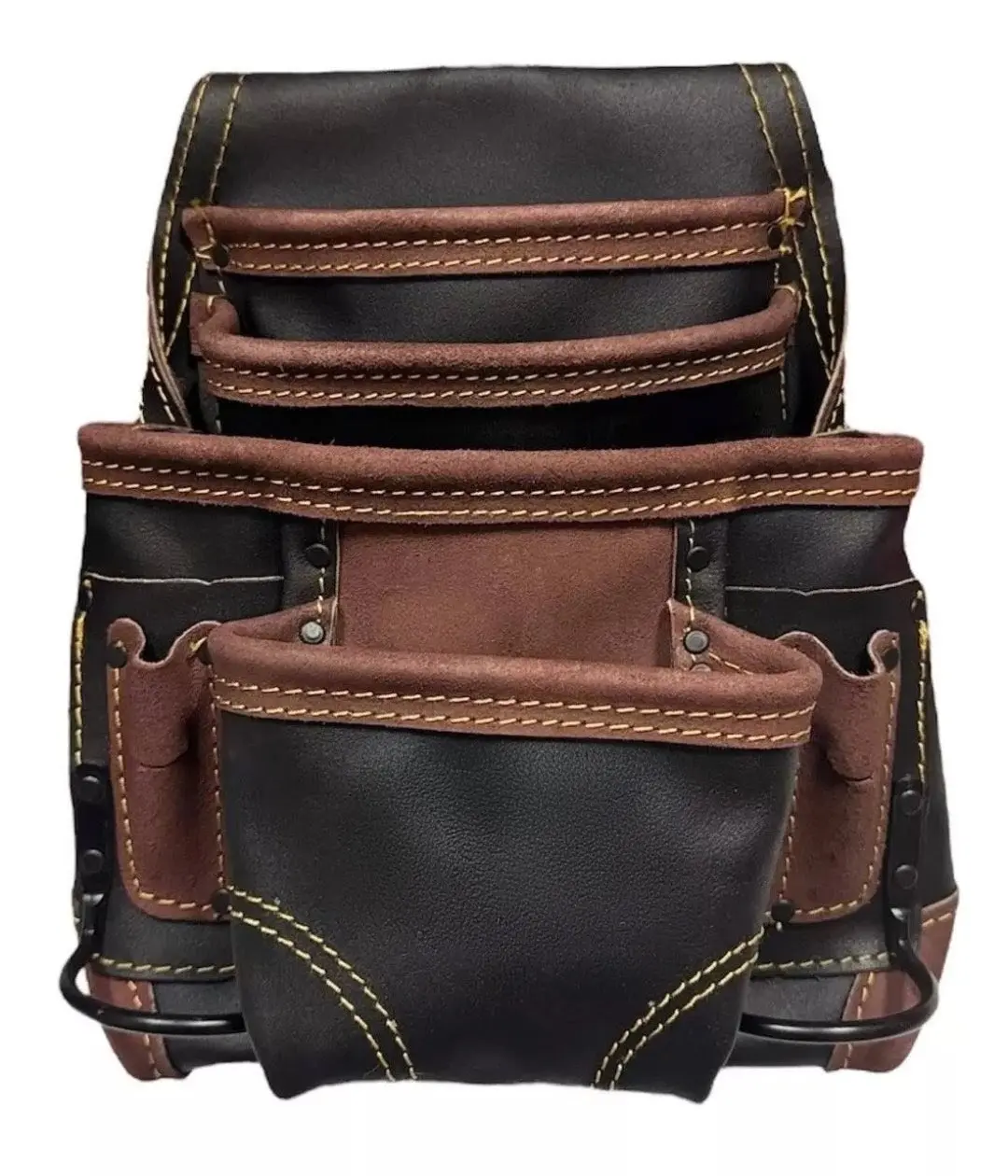 Leather Tool Pouch - 10-Pockets Heavy Top Grain Leather Pouch with 2 Hammer Loops Large & Small Pockets Fits Work Belts up to 3" Handcrafted Durable for Carpenter Construction Framers Handyman
