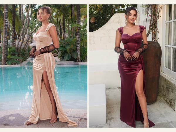 CurvySweet Women's Satin Ruched Sleeveless Bodycon Cocktail Formal Evening Maxi Dress with Built-in Bra & High Thigh Slit